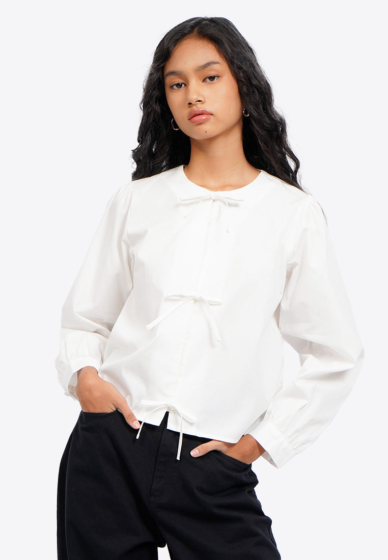 Tied Round Neck Short Sleeve Blouse