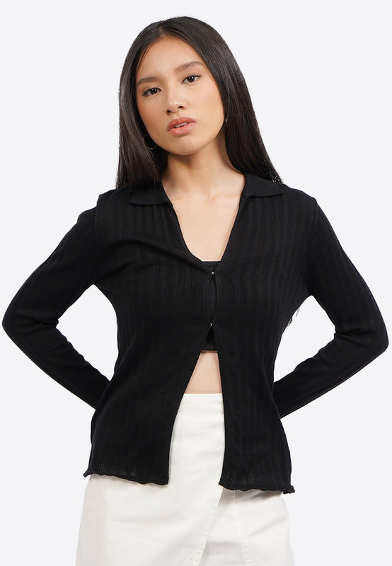 Buttoned Sleeve High Collar Knit Top