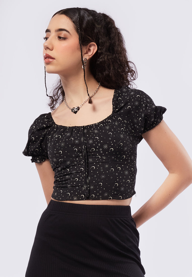 Lace Plunge Puff-Sleeve Corset-Inspired Top