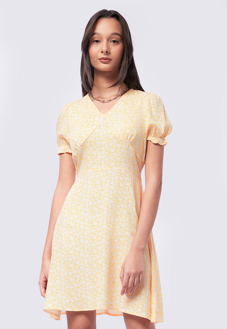 Sexy Flare Sleeve V Neck Printed Mini Dress Fashion Pleated A-line High Waist Gown New Lady Summer Evening Party Club Vestidos