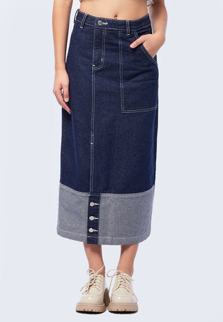 Contrast Stitching Denim Midi Skirt