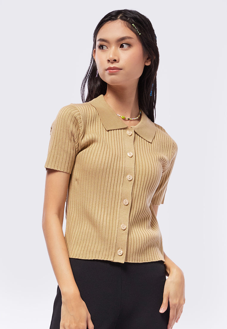 Silky Knit Boxy Top With Polo Collar