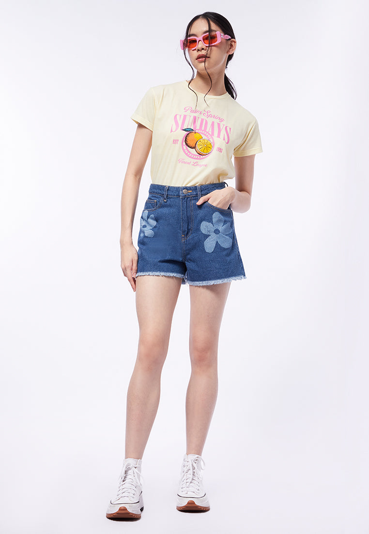Organic Blue retro Print Pockets denim Summer shorts