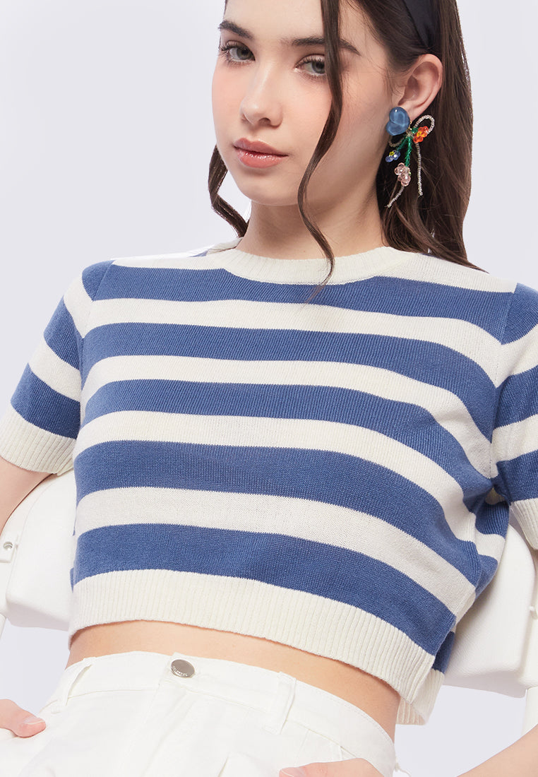 STRIPE COLLARED SHORT SLEEVE BOXY KNIT TOP