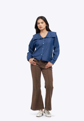 Wide Collar Long Sleeve Denim Blouse