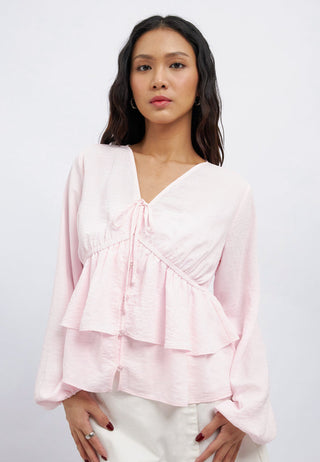 Long Sleeve V-Neck Ruffles Blouse