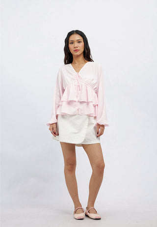 Long Sleeve V-Neck Ruffles Blouse