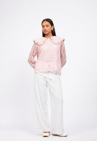 Wide Collar Blouse with Elastic Sleeve