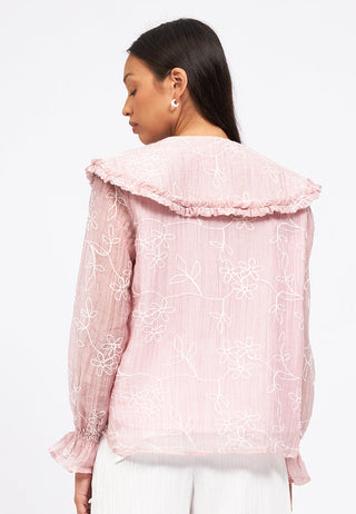 Wide Collar Blouse with Elastic Sleeve