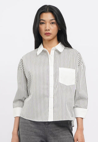 Contrast Cuff Long Sleeve Stripes Shirt