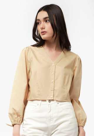 V-Neck Puff Sleeves Crop Blouse