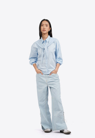 Hi-Lo Long Sleeve Shirt with Knit Details