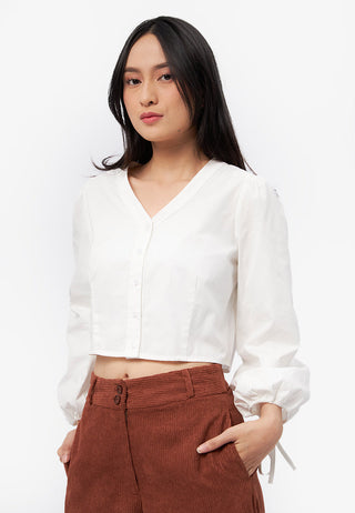 V-Neck Puff Sleeve Crop Blouse