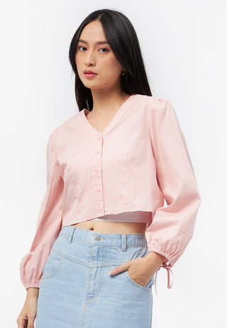 V-Neck Puff Sleeve Crop Blouse