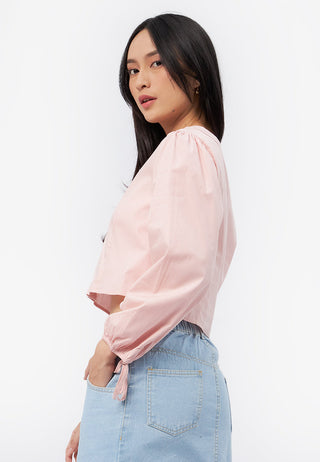 V-Neck Puff Sleeve Crop Blouse