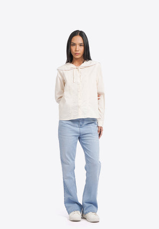 Wide Collar Long Sleeve Pleated Top