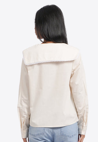 Wide Collar Long Sleeve Pleated Top