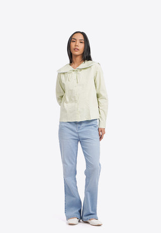 Wide Collar Long Sleeve Pleated Top