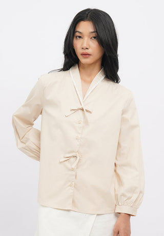 V-Neck Puff Sleeve Blouse with Tie Detail
