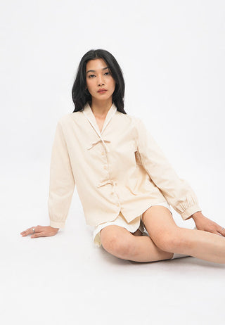 V-Neck Puff Sleeve Blouse with Tie Detail