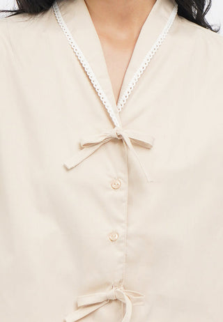 V-Neck Puff Sleeve Blouse with Tie Detail