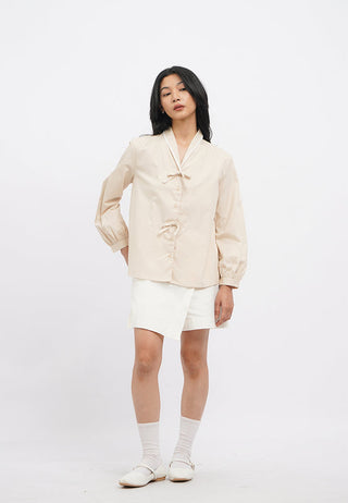 V-Neck Puff Sleeve Blouse with Tie Detail