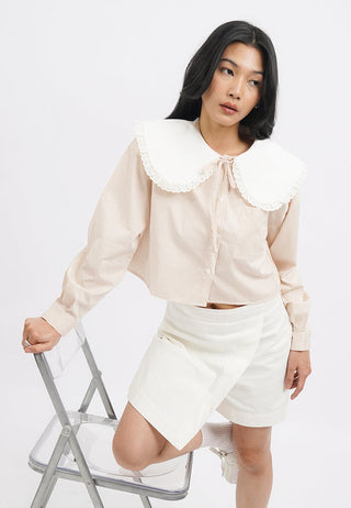 Wide Collar Long Sleeve Stripes Blouse