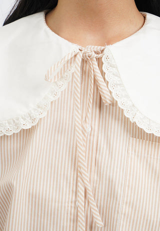 Wide Collar Long Sleeve Stripes Blouse