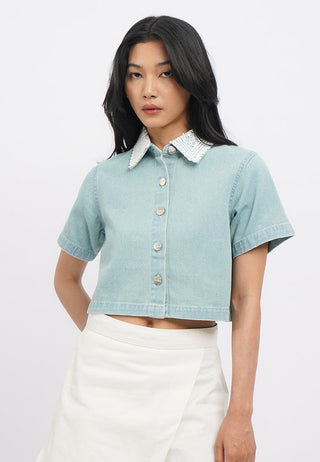 Lace Collar Short Sleeve Denim Shirt