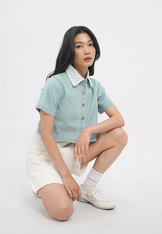 Lace Collar Short Sleeve Denim Shirt