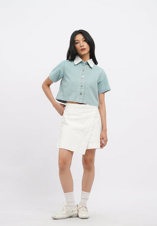 Lace Collar Short Sleeve Denim Shirt