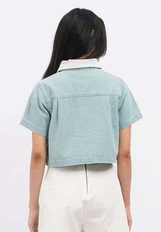 Lace Collar Short Sleeve Denim Shirt