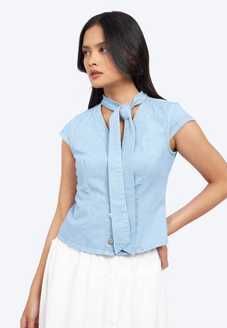 Scarf Details Denim Blouse