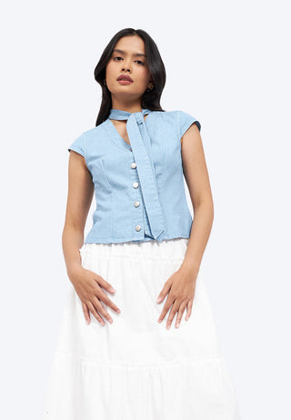 Scarf Details Denim Blouse