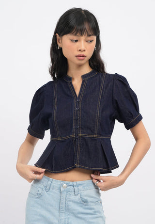 V-Neck Puff Sleeves Denim Top