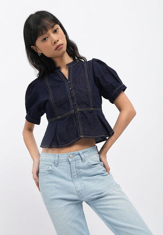 V-Neck Puff Sleeves Denim Top