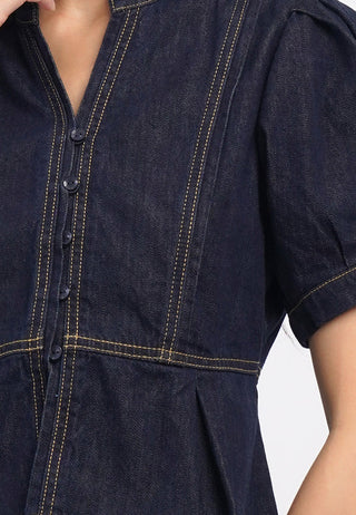 V-Neck Puff Sleeves Denim Top