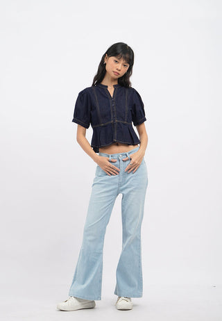 V-Neck Puff Sleeves Denim Top
