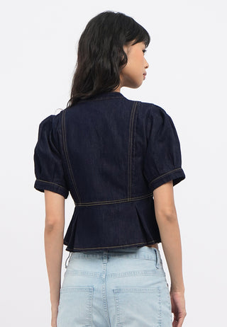 V-Neck Puff Sleeves Denim Top
