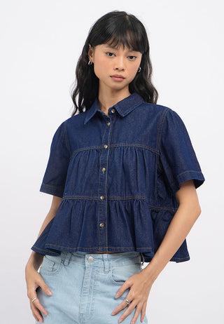 Gathered Details Denim Blouse