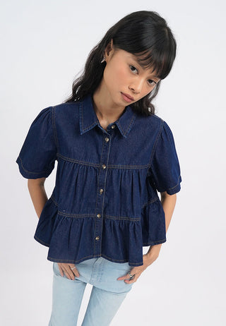 Gathered Details Denim Blouse