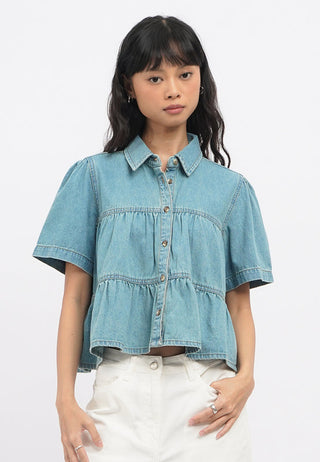 Gathered Details Denim Blouse