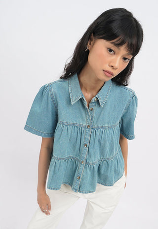 Gathered Details Denim Blouse