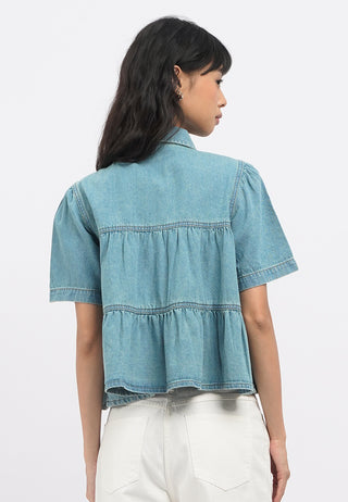 Gathered Details Denim Blouse