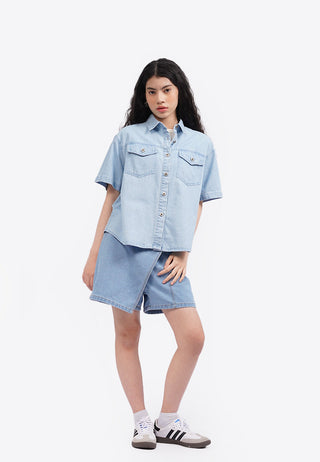 Oversized Short Sleeve Denim Shirt L.Blue