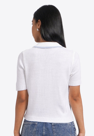 Short Sleeve Bow Collar Knit Top