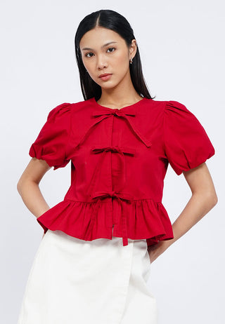 Puff Sleeve Blouse with Front Tie