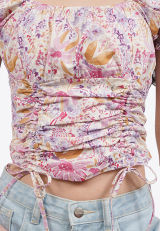Ruched Printed Puff Sleeves Top