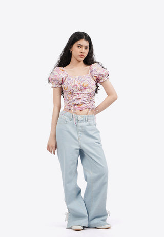 Ruched Printed Puff Sleeves Top