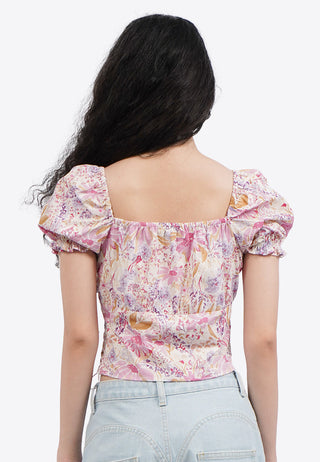 Ruched Printed Puff Sleeves Top